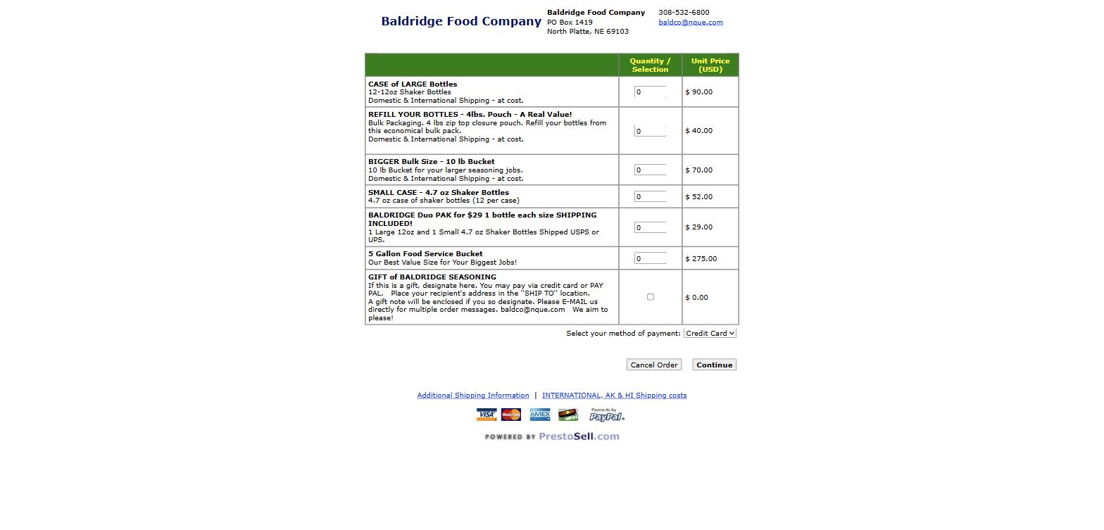 Baldridge Food Company order form