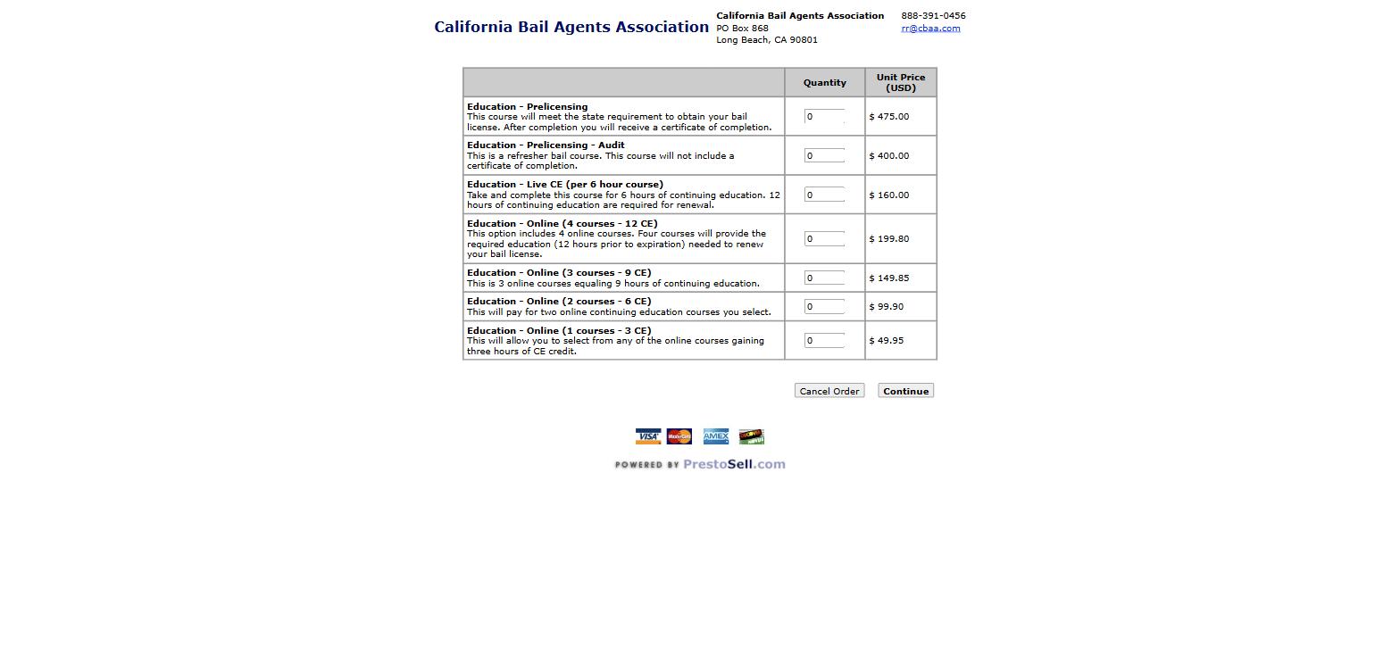 California Bail Agents Association order form