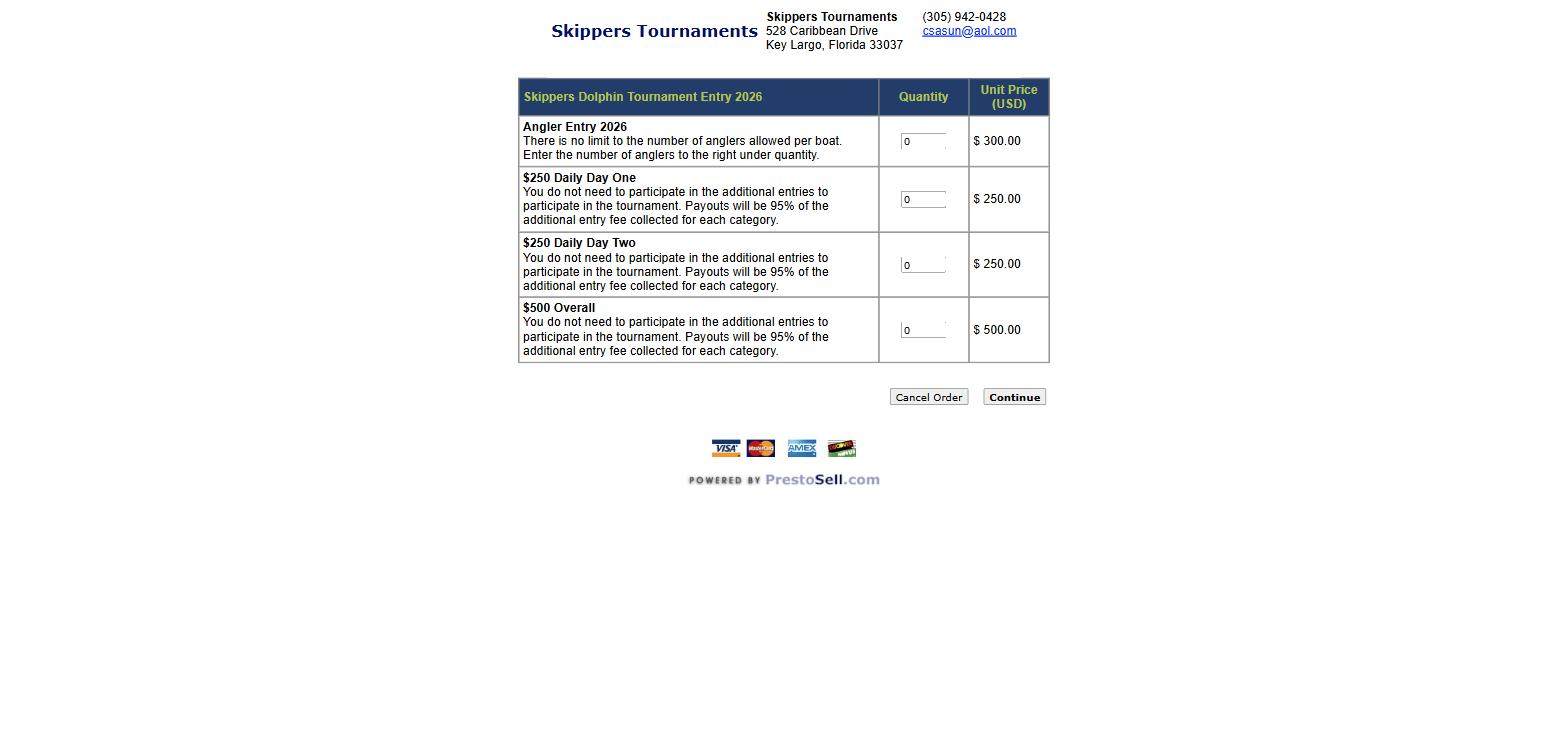 Skippers Tournaments order form